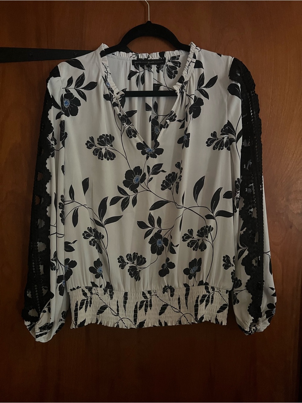 White House Black Market Black & White Floral Lace-Inset Blouse